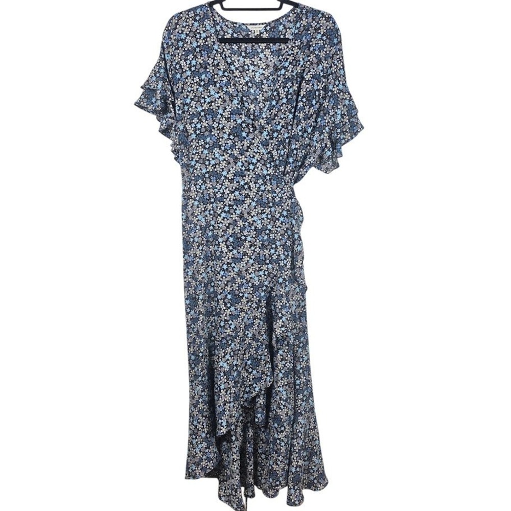 Max Studio Wrap Dress Women 2X Blue Floral High Low Ruffle Sleeve Boho Midi